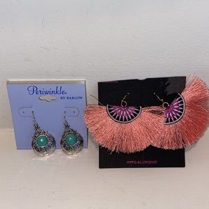 Coral Tassel & Turquoise Silver Boho Earrings set
